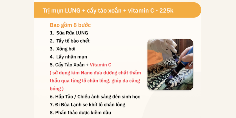 Trị mụn lưng cấy tảo xoắn vitamin C - Quynh's Spa quận 10